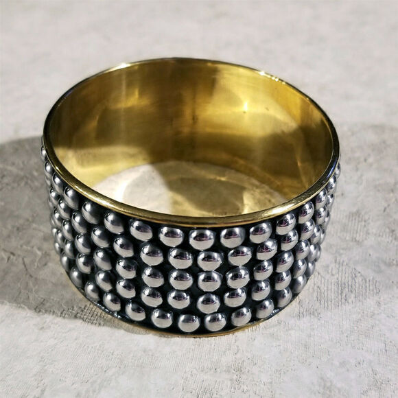 Fashion Jewelry Jewelry - India Brass Bangle Bracelet Mid Century Style Silver Black Geometric Dot Accents